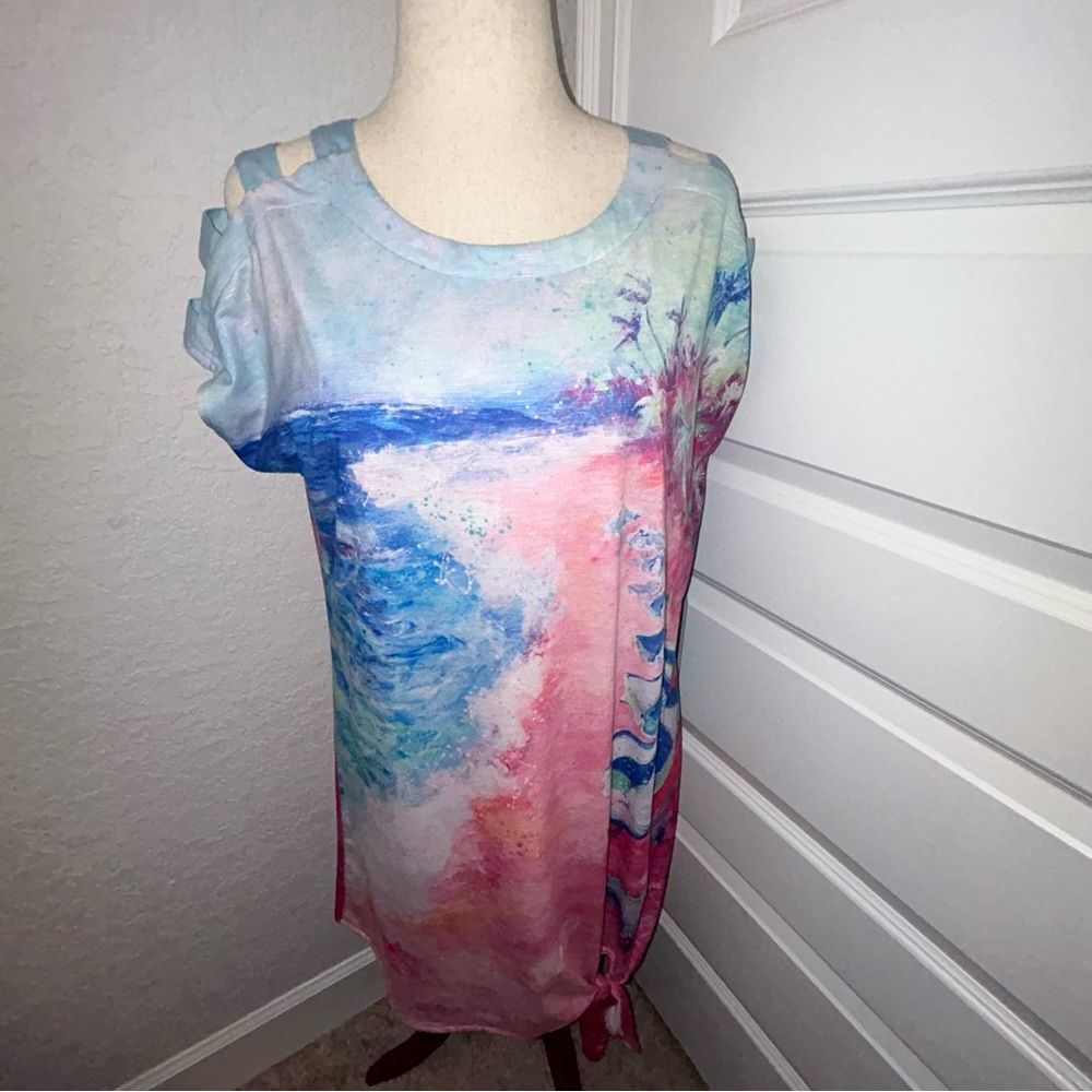 Leoma Lovegrove Beach Ocean Print Cut Outs Shoulder Tunic Shirt Dress